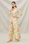 Buy_Gopi Vaid_Yellow Viscose Printed Floral Motifs V Myriad Vines Cape And Pant Set  _at_Aza_Fashions