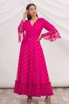 Buy_Samyukta Singhania_Pink Chiffon Embroidery V Neck Tie And Dye Leheriya Dress  _at_Aza_Fashions