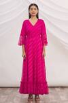 Samyukta Singhania_Pink Chiffon Embroidery V Neck Tie And Dye Leheriya Dress  _Online_at_Aza_Fashions