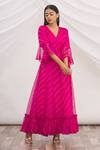 Buy_Samyukta Singhania_Pink Chiffon Embroidery V Neck Tie And Dye Leheriya Dress  _Online_at_Aza_Fashions