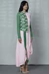 Aariyana Couture_Green Dupion Silk Mandarin Collar Draped Colorblock Tunic _Online_at_Aza_Fashions