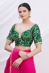 Khwaab by Sanjana Lakhani_Green Silk Scoop Neck Floral Motif Embroidered Blouse _Online_at_Aza_Fashions