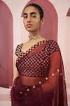 Ease_Maroon Organza Embroidered Saree With Blouse  _Online_at_Aza_Fashions