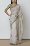 Buy_Sue Mue_Off White Plunging V-shaped Neckline Embroidered Saree With Blouse _at_Aza_Fashions