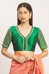 Khwaab by Sanjana Lakhani_Green Silk V Neck Embroidered Blouse _Online_at_Aza_Fashions