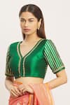 Buy_Khwaab by Sanjana Lakhani_Green Silk V Neck Embroidered Blouse _Online_at_Aza_Fashions