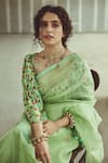 Buy_PUNIT BALANA_Green Saree Organza Printed Leaf Neck Embroidered With Blouse_at_Aza_Fashions