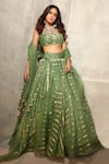 Buy_Tarun Tahiliani_Green Silk Organza Brocade Stripes Embroidered Mirror Cascade Draped Lehenga Set _at_Aza_Fashions