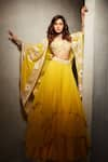 Buy_Mishru_Yellow Embroidery Mirror V Neck Floral Cape Lehenga Set  _at_Aza_Fashions