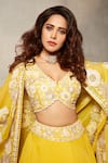 Buy_Mishru_Yellow Embroidery Mirror V Neck Floral Cape Lehenga Set  _Online_at_Aza_Fashions