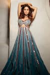 Buy_Masumi Mewawalla_Blue Satin Organza Hand Embroidered Sequins V Neck Cutout Gown  _at_Aza_Fashions