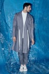 THREE_Grey Poplin Plain Double Layered Jacket And Pant Set _Online_at_Aza_Fashions