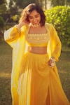 Buy_Ridhi Mehra_Yellow Blouse Net Embroidered Floral Organza And Chiffon Lehenga Set _at_Aza_Fashions