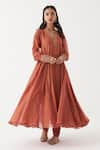 Shop_Rhua India_Peach Kurta Handwoven Tissue Chanderi Azaira Anarkali Set  _at_Aza_Fashions