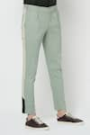 Lacquer Embassy_Green Cotton Twill Plain Tortic Trouser  _Online_at_Aza_Fashions