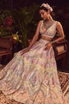 Buy_Tamanna Punjabi Kapoor_Peach Net V Neck Mirror Embellished Bridal Lehenga Set _at_Aza_Fashions
