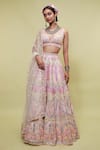 Tamanna Punjabi Kapoor_Peach Net V Neck Mirror Embellished Bridal Lehenga Set _Online_at_Aza_Fashions