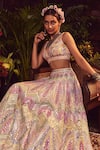 Buy_Tamanna Punjabi Kapoor_Peach Net V Neck Mirror Embellished Bridal Lehenga Set _Online_at_Aza_Fashions