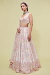 Tamanna Punjabi Kapoor Peach Net V Neck Mirror Embellished Bridal Lehenga Set Online at Aza Fashions Tamanna Punjabi Kapoor_Peach Net V Neck Mirror Embellished Bridal Lehenga Set _Online_at_Aza_Fashions