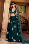 Buy_Seeaash_Green Modal Satin, Tulle Net Floral Motifs V Neck Lily Print Lehenga Set_at_Aza_Fashions