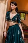 Seeaash_Green Modal Satin, Tulle Net Floral Motifs V Neck Lily Print Lehenga Set_at_Aza_Fashions