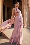 Seeaash_Pink Georgette Pre-draped Printed Ruffle Saree With Blouse_Online_at_Aza_Fashions