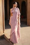Shop_Seeaash_Pink Georgette Pre-draped Printed Ruffle Saree With Blouse_Online_at_Aza_Fashions
