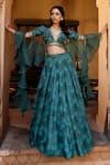 Buy_Seeaash_Green Chanderi Printed Floral Motifs V Neck Lehenga Set _at_Aza_Fashions