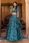 Shop_Seeaash_Green Chanderi Printed Floral Motifs V Neck Lehenga Set _at_Aza_Fashions