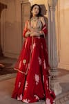 Seeaash_Red Modal Satin Printed Floral Motifs V Neck Lily Lehenga Set _Online_at_Aza_Fashions