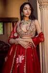 Seeaash_Red Modal Satin Printed Floral Motifs V Neck Lily Lehenga Set _at_Aza_Fashions