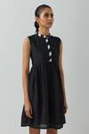 Shop_TIC_Black Chanderi Band Collar Amore Placket Short Dress _Online_at_Aza_Fashions