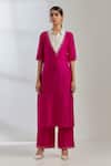 Buy_The Indian Cause_Pink Raw Silk Sequin Shirt Collar Kurta And Palazzo Set _Online_at_Aza_Fashions