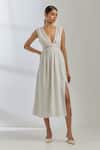 Buy_THE INDIAN CAUSE_White Silk Embroidered Sequin Plunge V Neck Sirgus Dress _at_Aza_Fashions