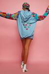Shop_Esha L Amin_Blue Denim Geometric V Neck Hoodie _at_Aza_Fashions