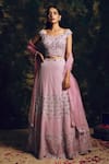 Buy_Niamh By Kriti_Pink Silk Organza Embroidered Thread Work Round Floral Bridal Lehenga Set _at_Aza_Fashions