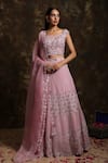 Shop_Niamh By Kriti_Pink Silk Organza Embroidered Thread Work Round Floral Bridal Lehenga Set _at_Aza_Fashions