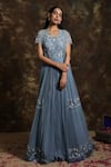 Niamh By Kriti_Blue Georgette Embroidered Resham Work V Neck Floral Anarkali And Jacket Set _Online_at_Aza_Fashions