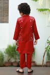 Shop_Littleens_Red Velvet, Cotton, Velour Embroidery Bundi And Kurta Set _at_Aza_Fashions
