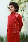 Shop_Littleens_Red Velvet, Cotton, Velour Embroidery Bundi And Kurta Set _Online_at_Aza_Fashions