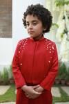 Littleens_Red Velvet, Cotton, Velour Embroidery Bundi And Kurta Set _at_Aza_Fashions