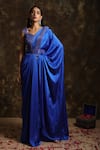 Niamh By Kriti_Blue Silk Satin Embroidered Sequins Sweetheart Neck Pre-draped Saree With Blouse _Online_at_Aza_Fashions