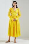 Buy_TIC_Yellow Dupion Silk Embroidery V Neck Flared Midi Dress _at_Aza_Fashions