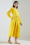 TIC_Yellow Dupion Silk Embroidery V Neck Flared Midi Dress _Online_at_Aza_Fashions