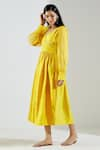 Buy_TIC_Yellow Dupion Silk Embroidery V Neck Flared Midi Dress _Online_at_Aza_Fashions