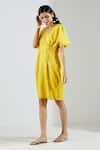 Buy_TIC_Yellow Chanderi Embroidery V Neck Striped Short Dress _Online_at_Aza_Fashions