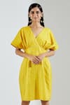 Shop_TIC_Yellow Chanderi Embroidery V Neck Striped Short Dress _Online_at_Aza_Fashions