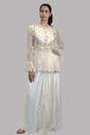 Buy_Aksh_Beige Chanderi Round Embroidered Jacket And Skirt Set _at_Aza_Fashions