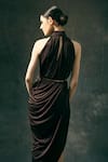 Shop_Mandira Wirk_Brown Halter Draped Asymmetric Gown _at_Aza_Fashions