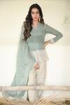 Buy_Vaani Beswal_Green Handwoven Zari Cotton Stripes V Neck Bakul Draped Sleeve Top _at_Aza_Fashions